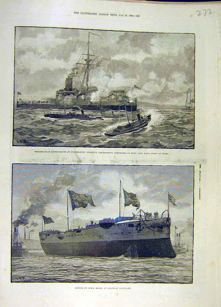 Original Old Antique Print 1888 Torpedo Boats Portsmouth Hms Medea Chatham 19th