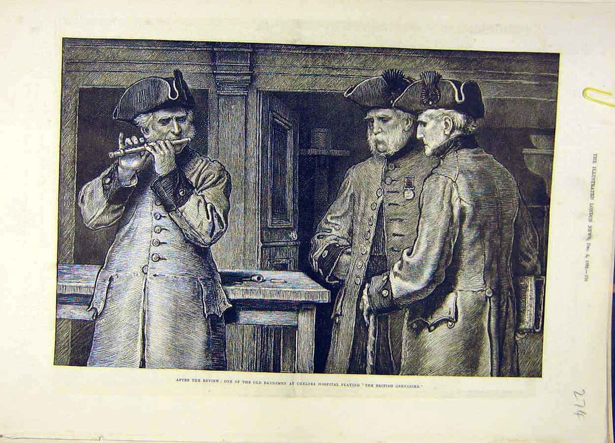 Old Antique Print 1882 Review Bandsmen Chelsea Hospital British Grenadier 19th