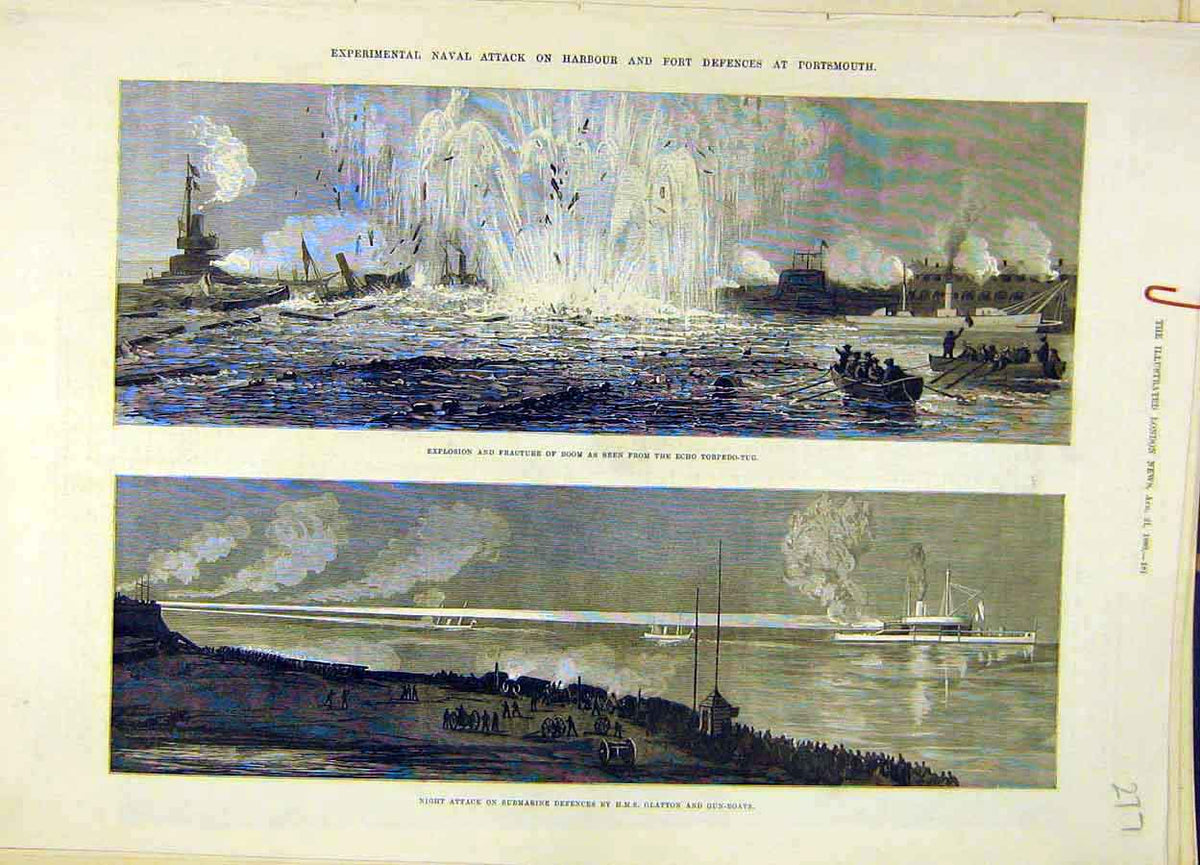Original Old Antique Print 1880 Naval Harbour Submarine Portsmouth Torpedo Hms