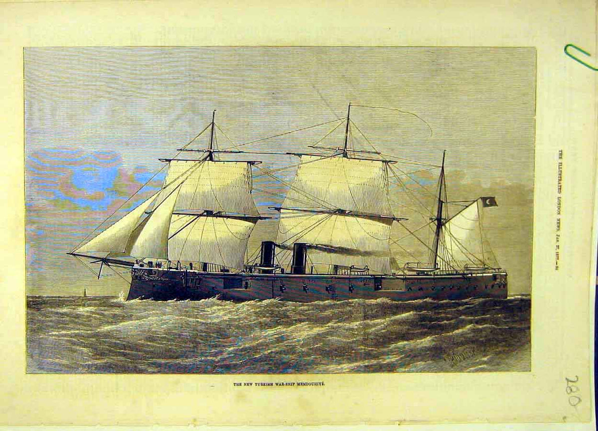 Original Old Antique Print 1877 Turkish War-Ship Memdouhiye Naval 19th