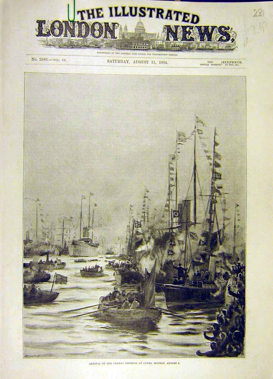 Original Old Antique Print 1894 German Emperor Cowes Fleet Ships Naval Victorian