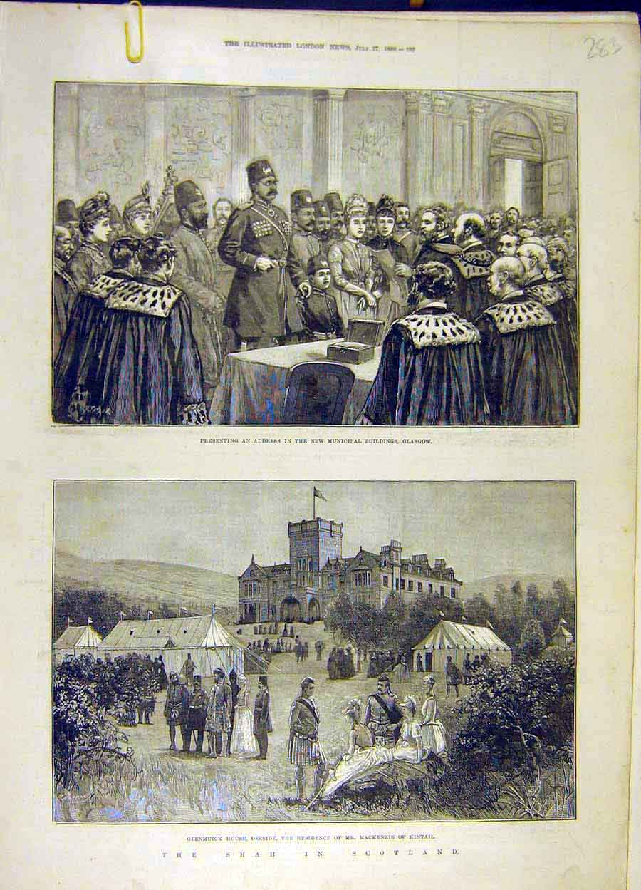 Original Old Antique Print 1889 Shah Scotland Glenmick Kintail Glasgow Mackenzie