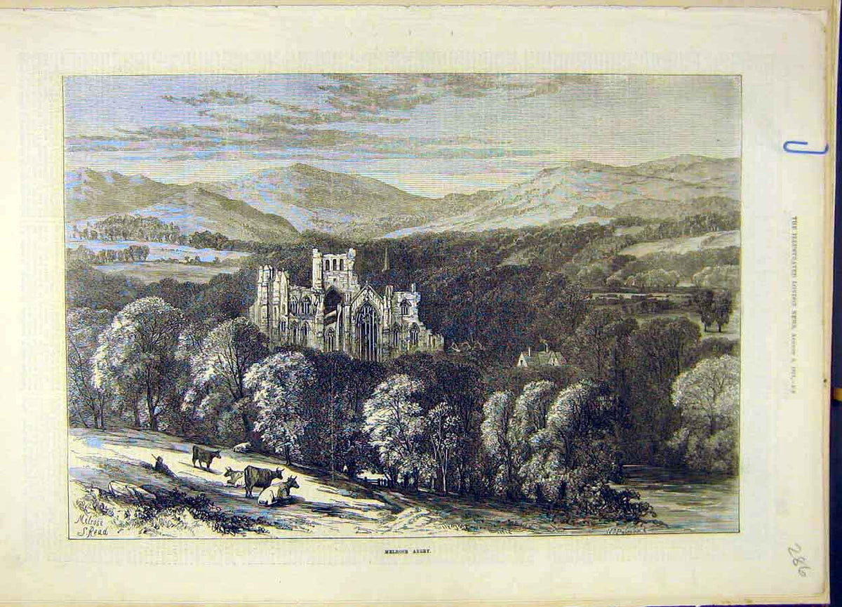 Original Old Antique Print 1871 Melrose Abbey Building Social History Victorian