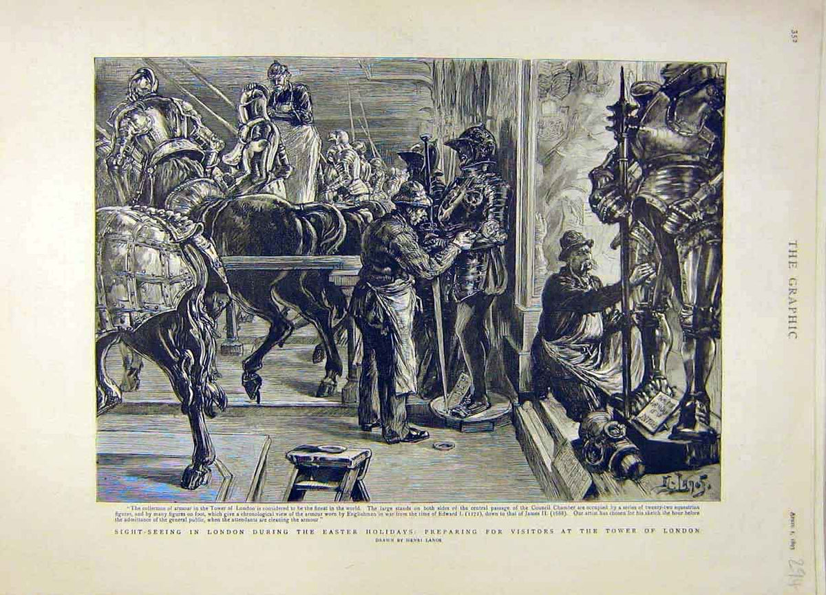 Original Old Antique Print 1893 London Tower Lanos Armour Knights Museum 19th