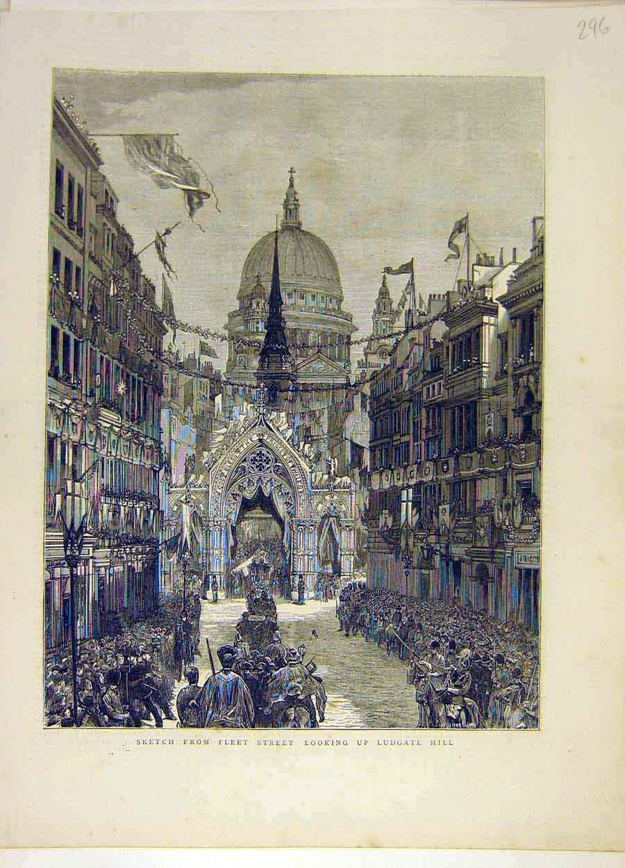 Original Old Antique Print Sketch Fleet-Street Ludgate Hill London Places People