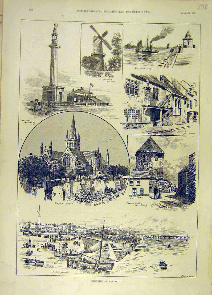 Original Old Antique Print 1891 Sketches Yarmouth Parish-Church Windmill 19th