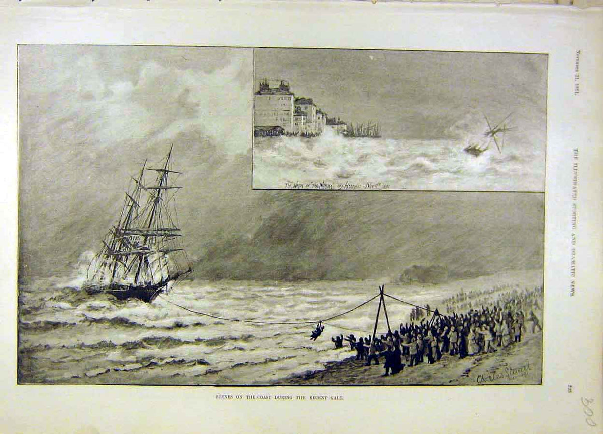 Original Old Antique Print 1891 Wreck Nerissa Coast Sea Gale Storm Victorian