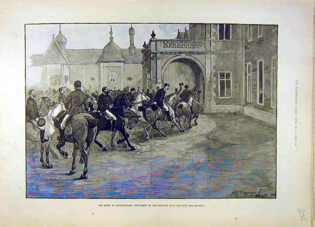Original Old Antique Print 1889 Queen Sandringham Norfolk Hunt 19th