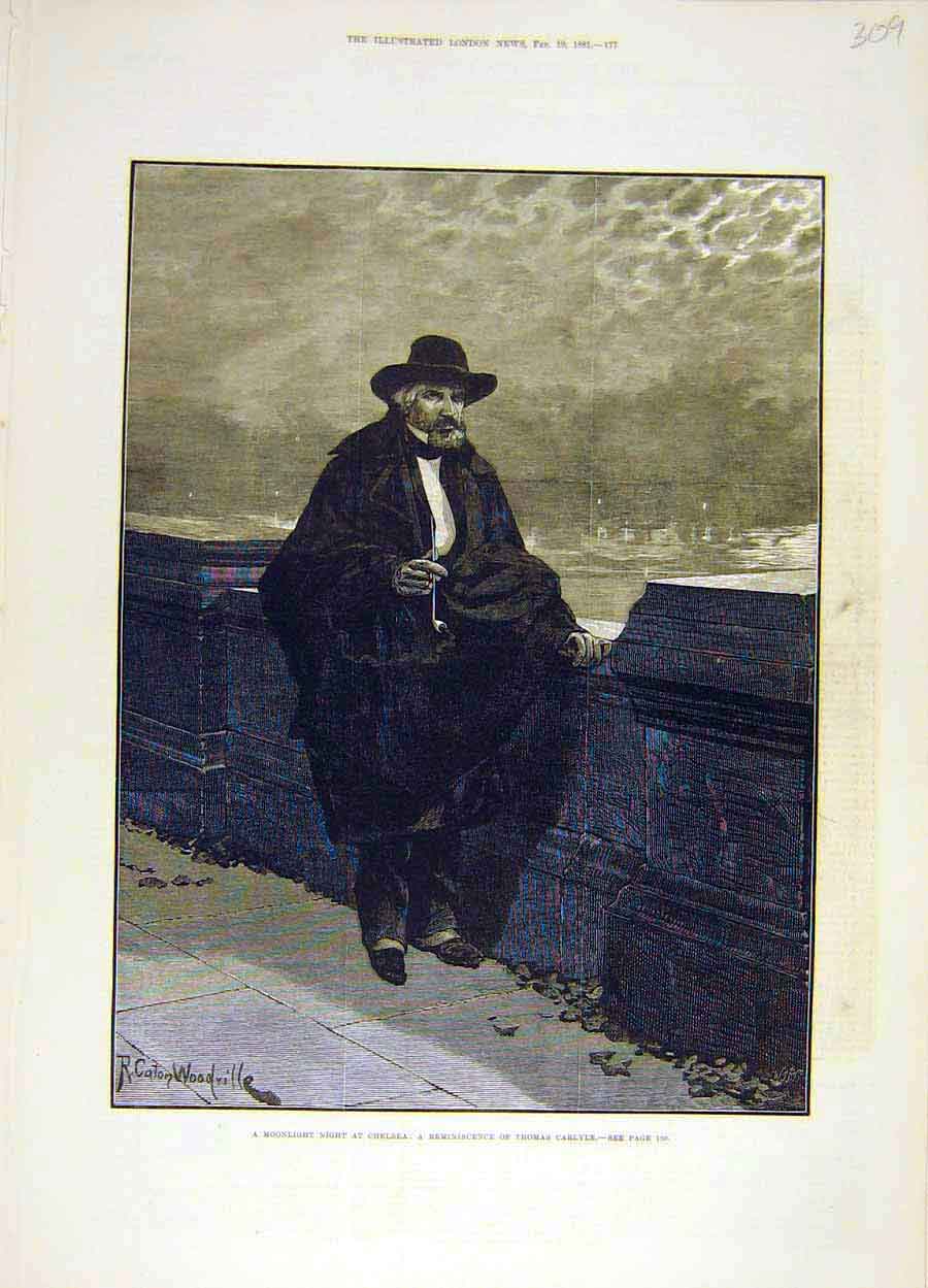 Original Old Antique Print 1881 Moonlight-Night Chelsea Thomas-Carlyle Victorian