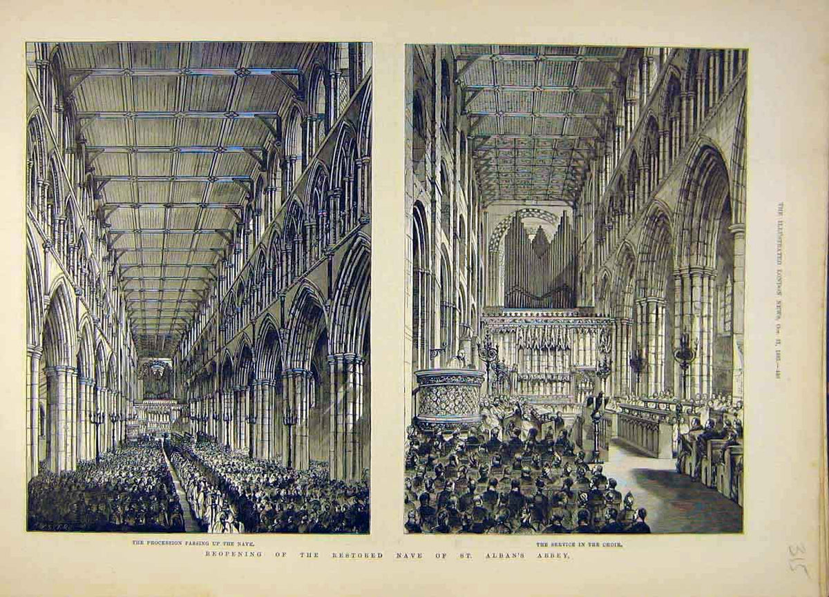 Original Old Antique Print 1885 Nave St Alban'S Abbey Building Choir Victorian