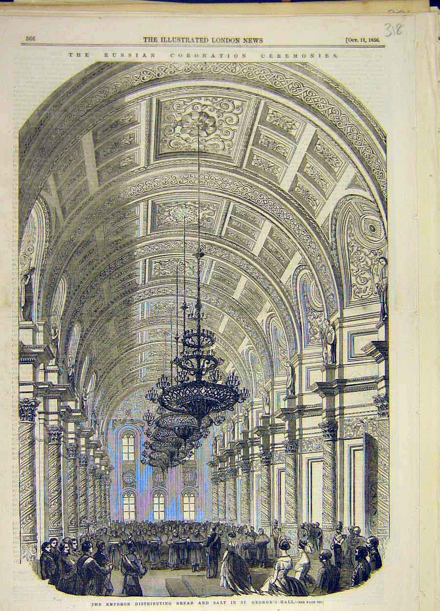 Original Old Antique Print 1856 Emperor Bread Salt St. George'S Hall Victorian