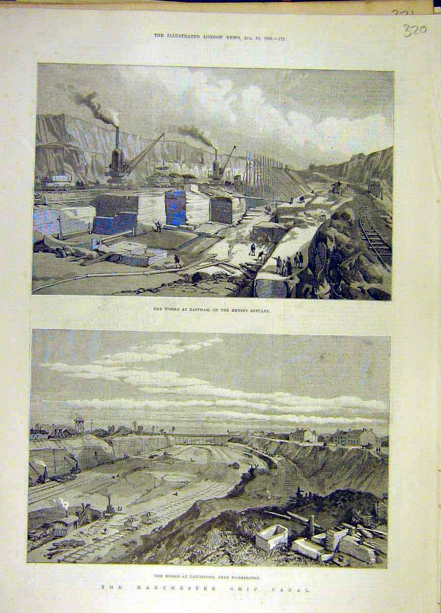 Original Old Antique Print 1889 Eastham Mersey Latchford Manchester Ship Canal