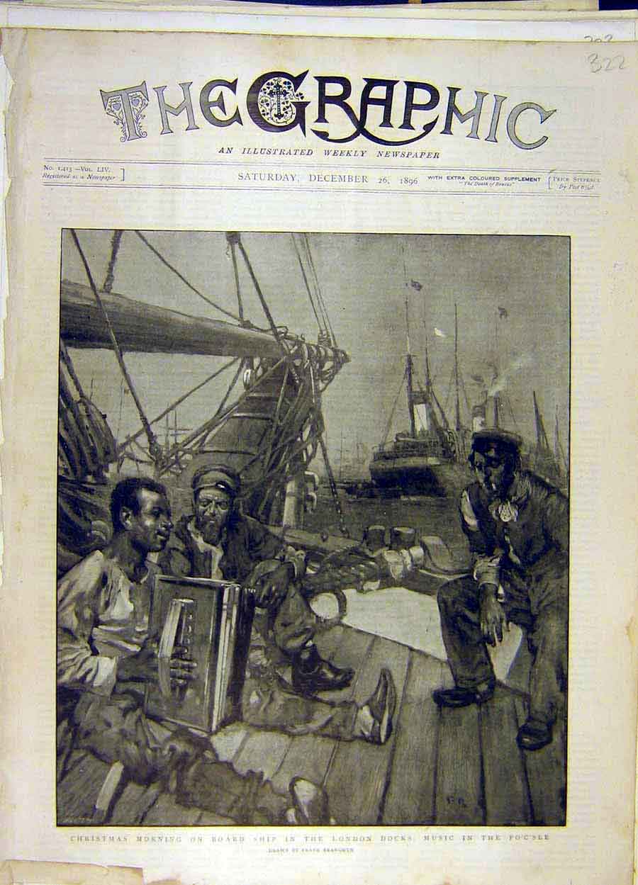 Original Old Antique Print 1896 London Docks Christmas Brangwn Music Fo'C'Sle