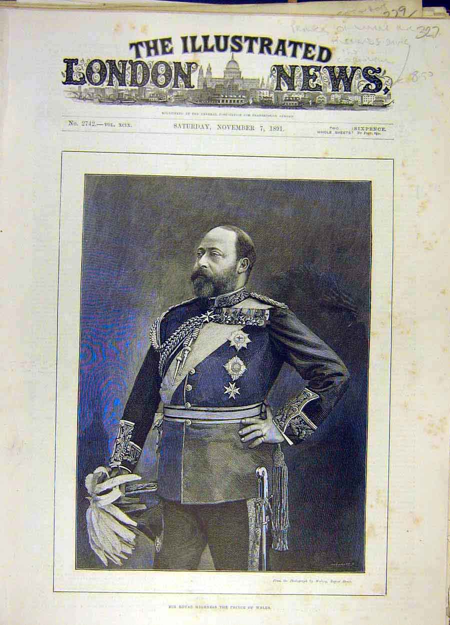 Original Old Antique Print 1891 Portrait Royal Highness Prince Wales Victorian