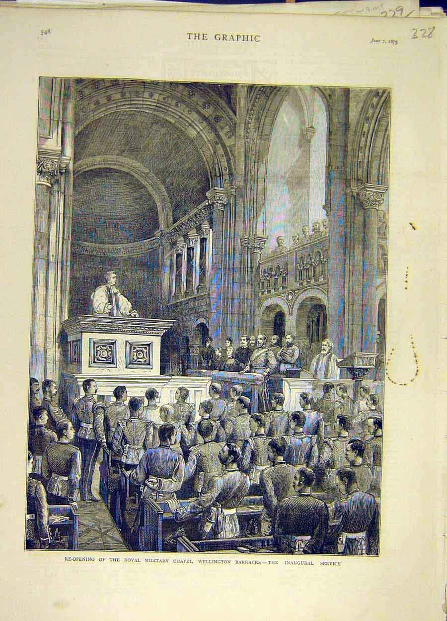Original Old Antique Print 1879 Royal Military Chapel Wellington Barracks 19th