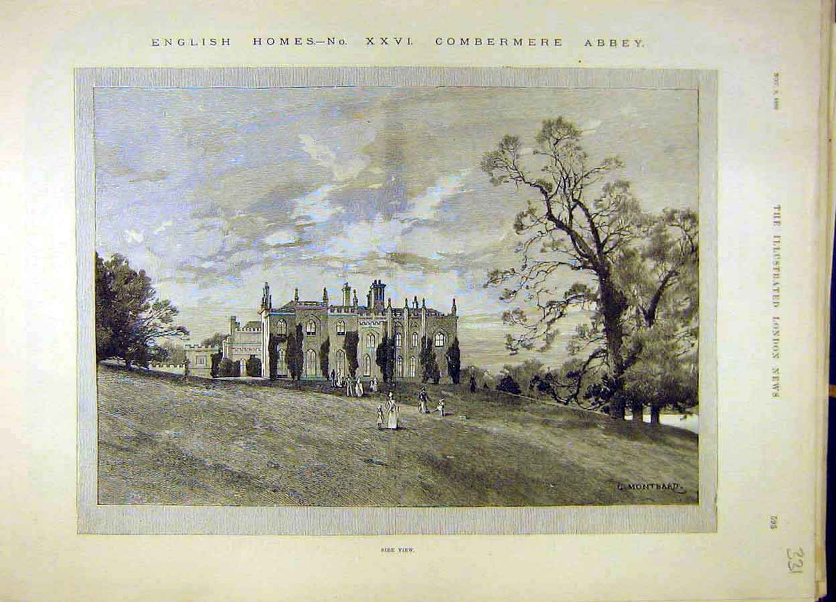 Original Old Antique Print 1890 Building Combermere Abbey Architecture Victorian