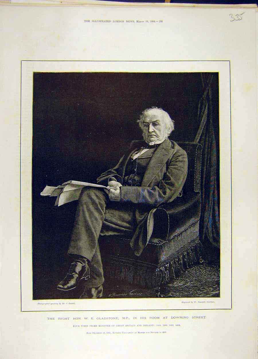 Original Old Antique Print 1894 Portrait Gladstone Prime-Minister Downing Street