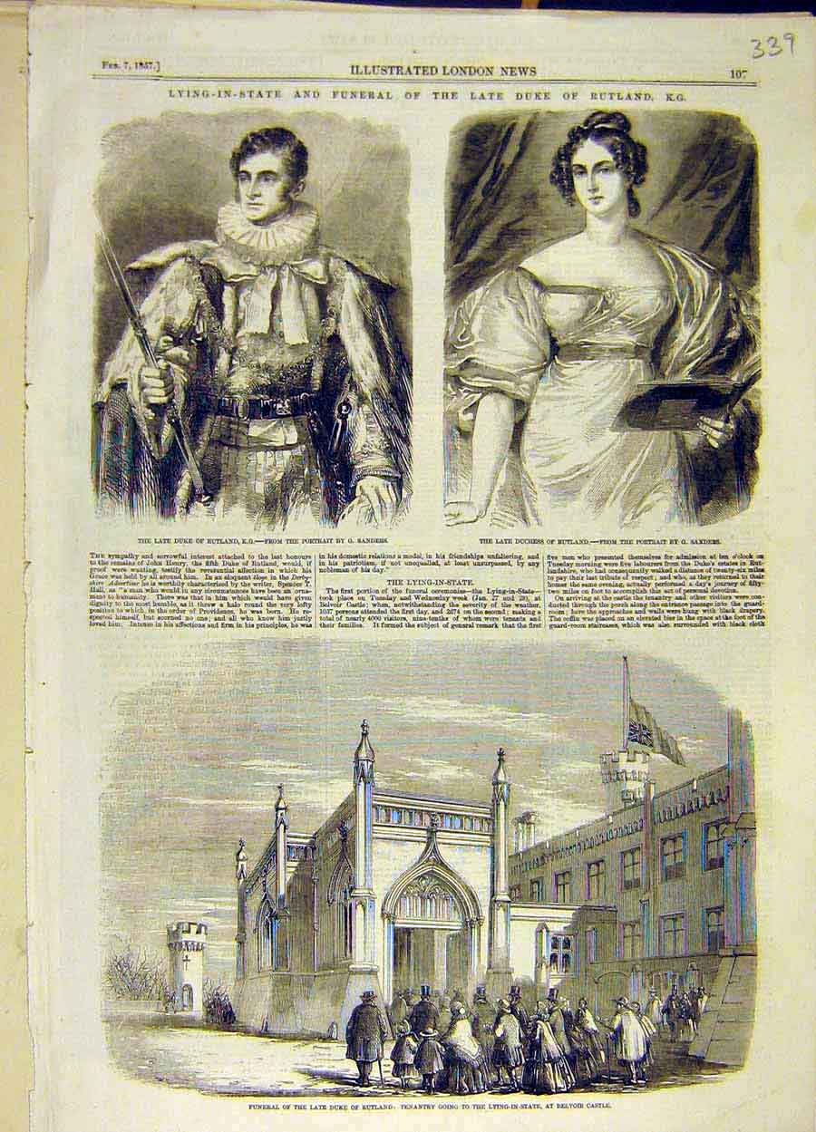 Original Old Antique Print 1857 Funeral Duke Rutland Portrait Duchess Belvoir