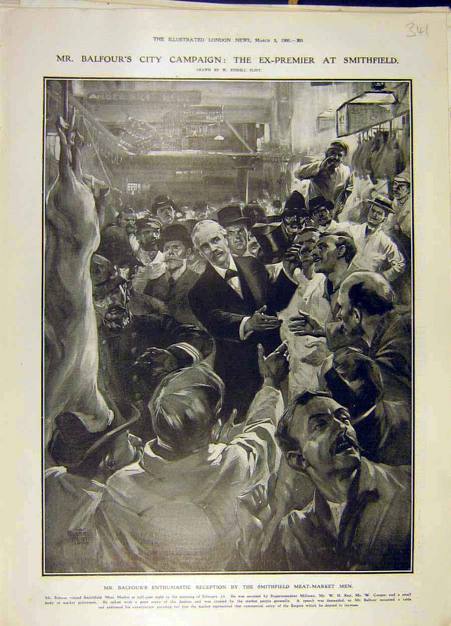 Original Old Antique Print 1906 Balfour City-Campaign Smithfield Meat-Market