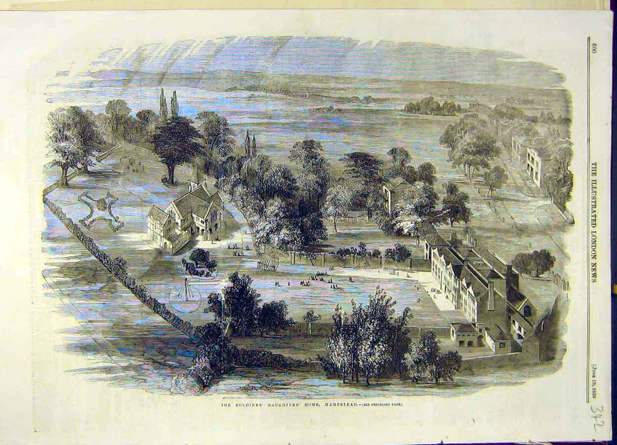 Original Old Antique Print 1858 Siers Daughters Home Hampstead 19th