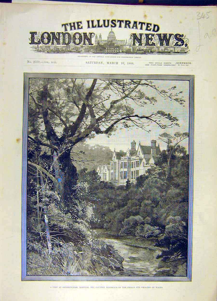 Original Old Antique Print 1888 Sandringham Norfolk Residence Prince Wales 19th