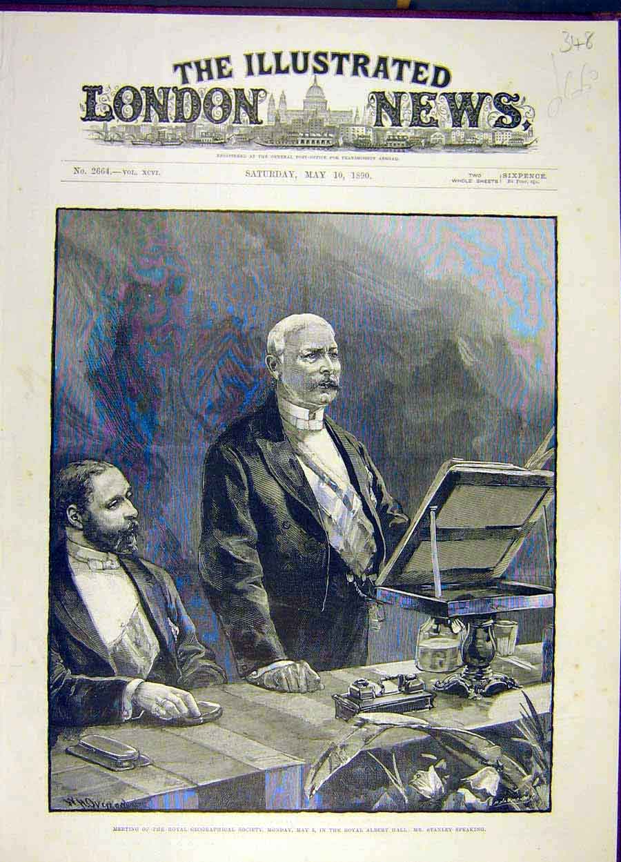 Original Old Antique Print 1890 Stanley Royal Geographical Society Address 19th