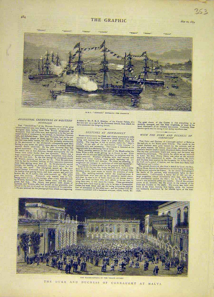Original Old Antique Print 1879 Hmy Osborne Harbour Duke Connaught Malta Palace