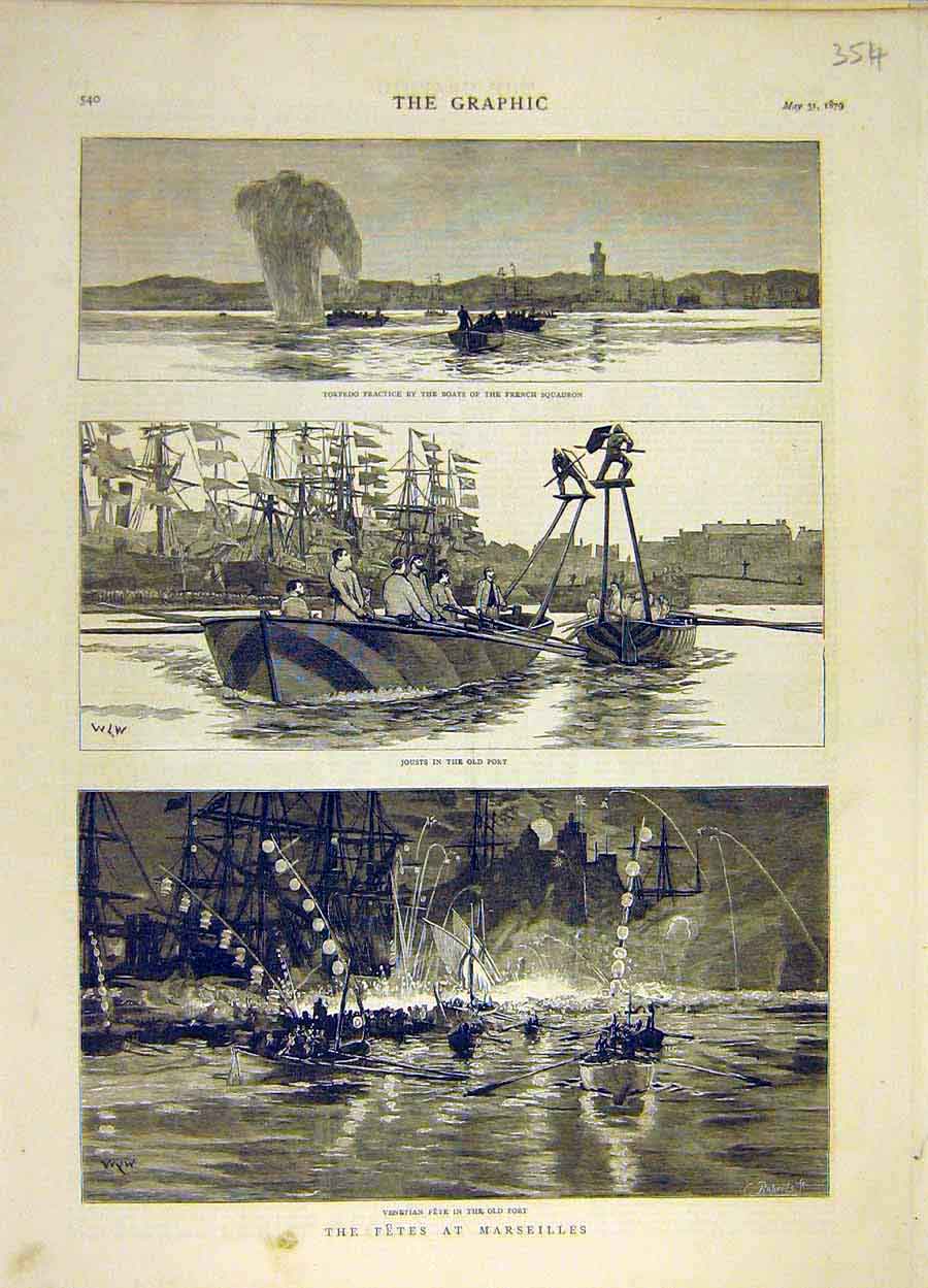 Original Old Antique Print 1879 Fete Marseilles Torpedo Venice French Squadron