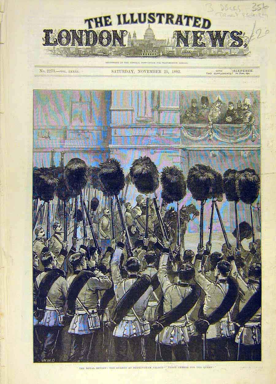 Original Old Antique Print 1882 Royal Review Guards Buckingham Palace Victorian