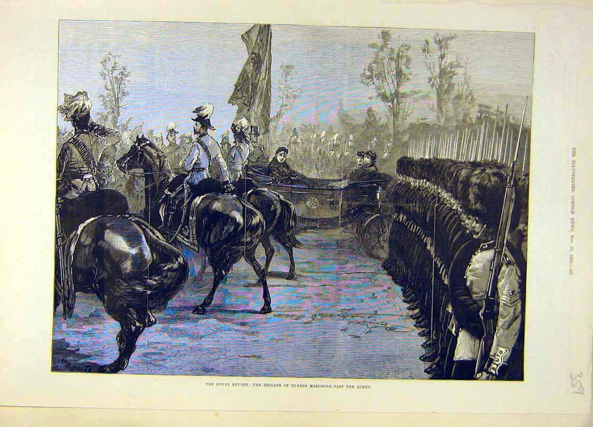 Original Old Antique Print 1882 Royal Review Brigade Guards Queen 19th