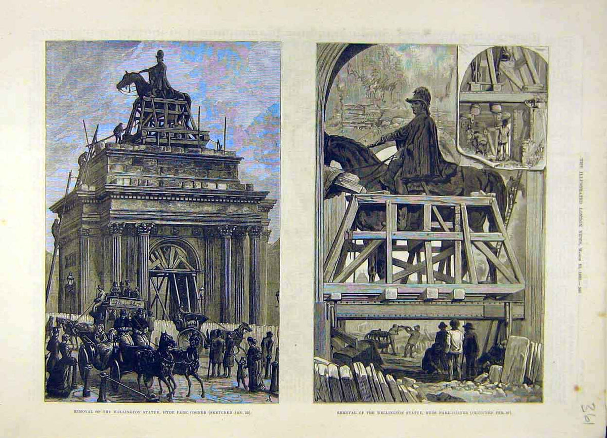 Old Antique Print 1883 Wellington Statue Removal Hyde-Park Corner London 19th