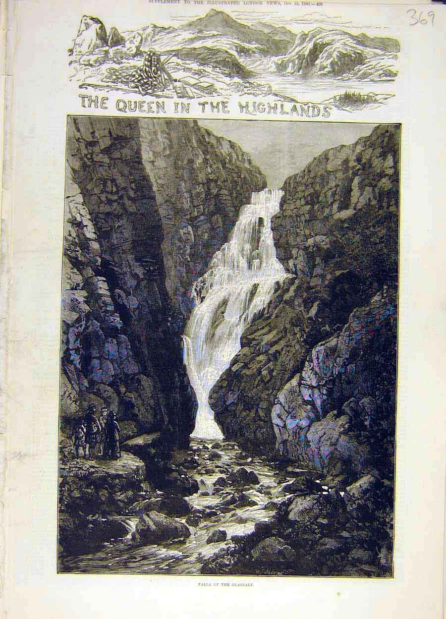 Original Old Antique Print 1880 Queen Highlands Scotland Water-Fall Glassalt