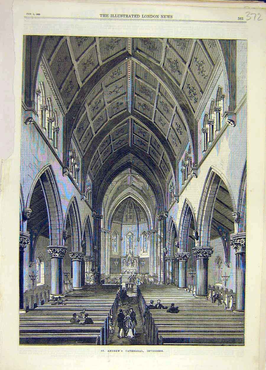 Original Old Antique Print 1869 St. Andrew'S Cathedral Inverness Scotland 19th