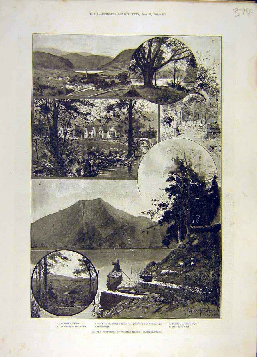Original Old Antique Print 1896 Thomas-Moore Glendalough Scotland Clara 19th