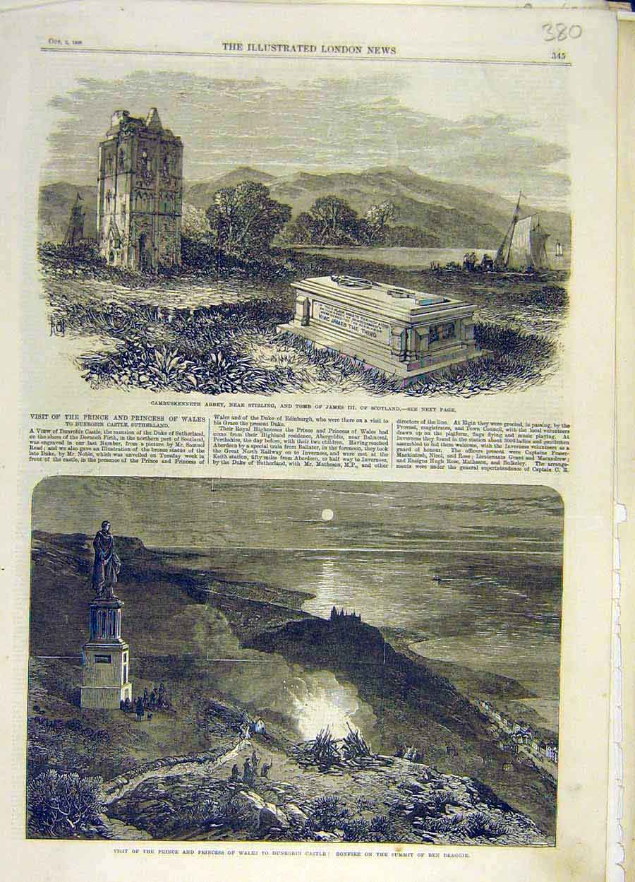 Old Antique Print 1866 Cambuskenneth Abbey Stirling Ben Braggie Scotland 19th