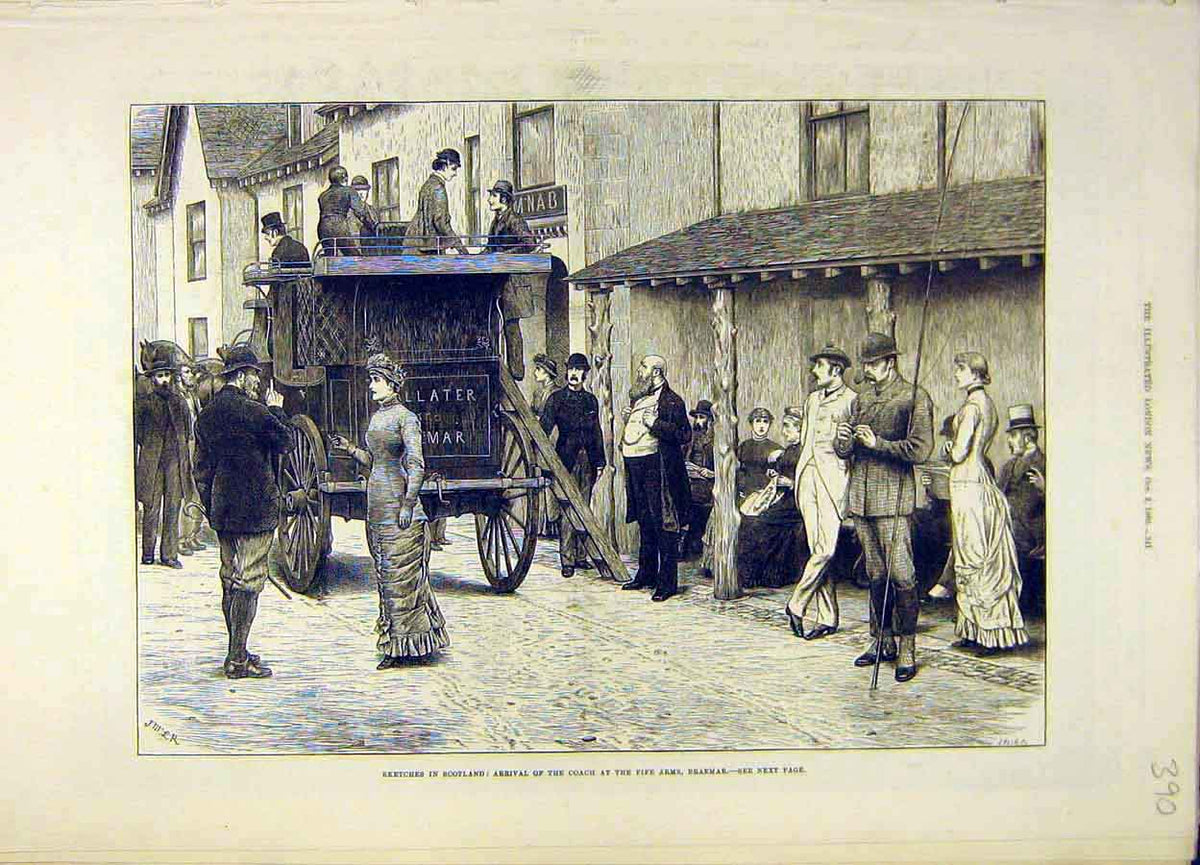 Original Old Antique Print 1880 Scotland Sketches Coach Five Arms Braemar People