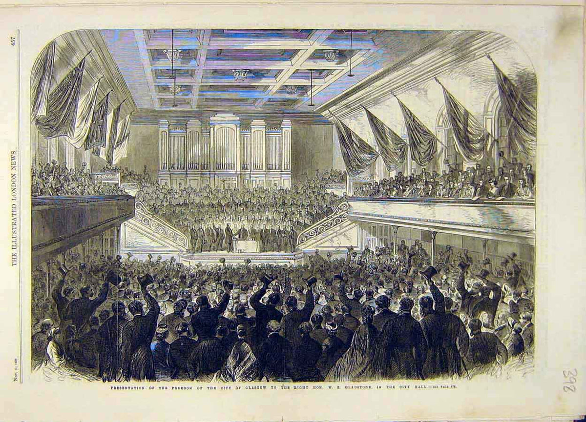 Original Old Antique Print 1865 Freedom City Glasgow Gladstone Scotland 19th