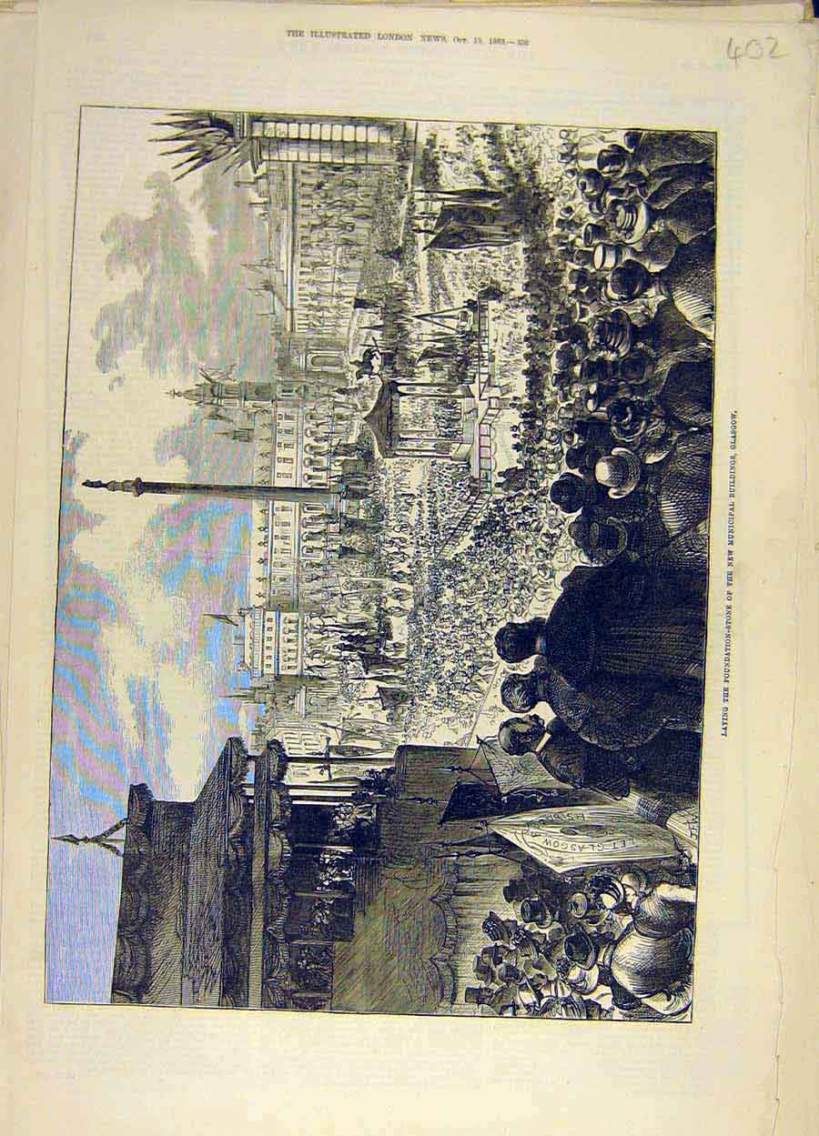 Original Old Antique Print 1883 Municipal Building Glasgow Scotland Victorian