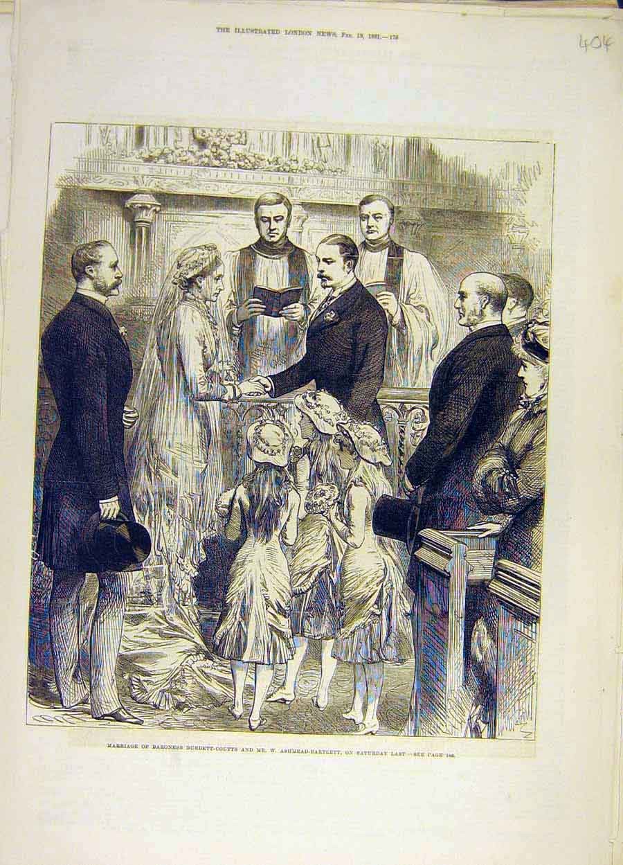 Original Old Antique Print 1881 Marriage Burdett-Coutts Ashmead-Bartlett 19th
