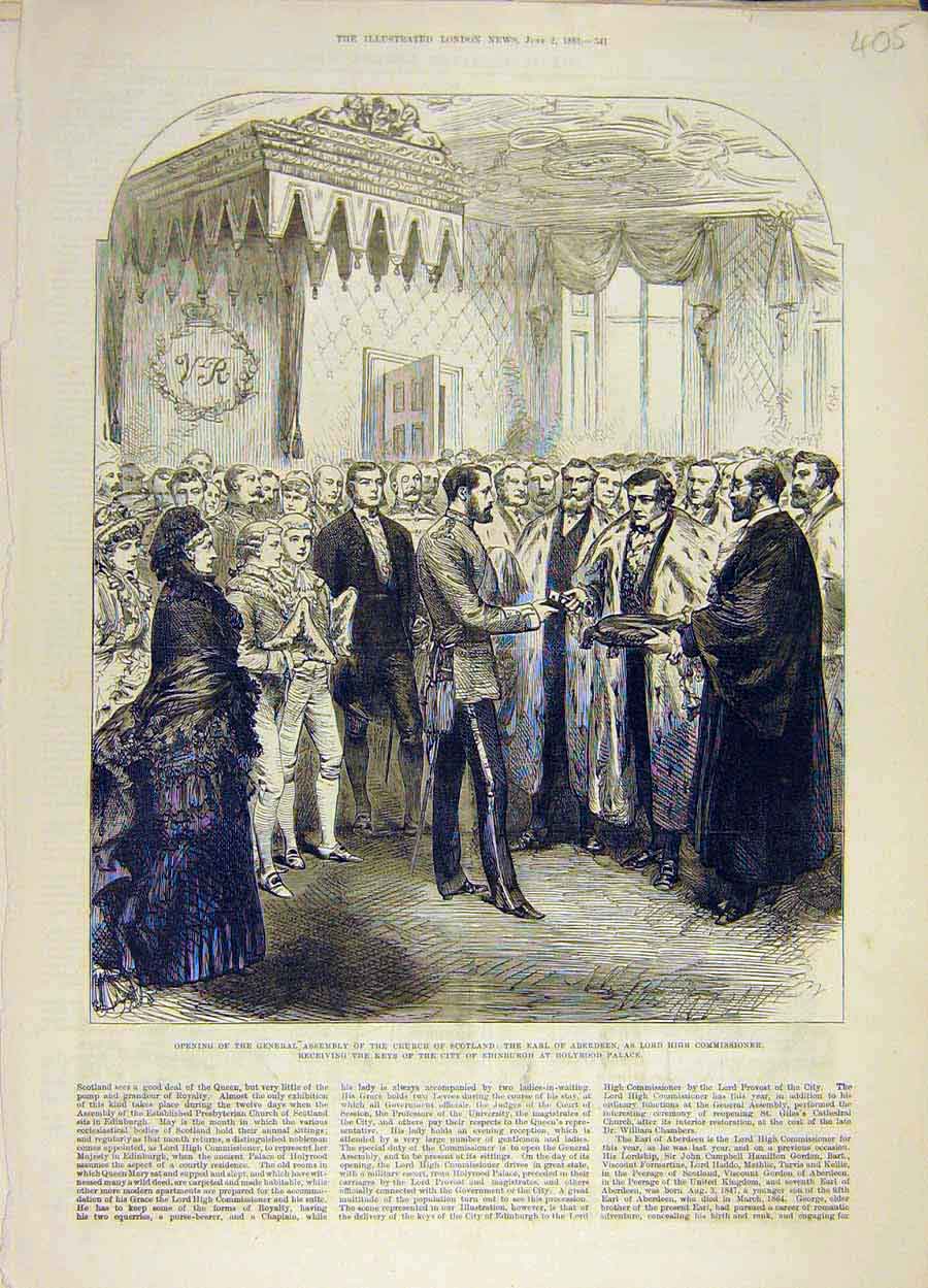 Original Old Antique Print 1883 Assembly Church Scotland Earl Aberdeen Holyrood