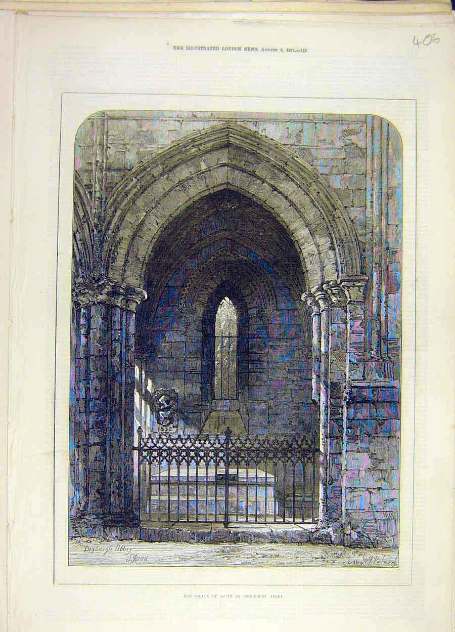 Original Old Antique Print Ref.165 1871 Grave Scott Dryburgh Abbey Building