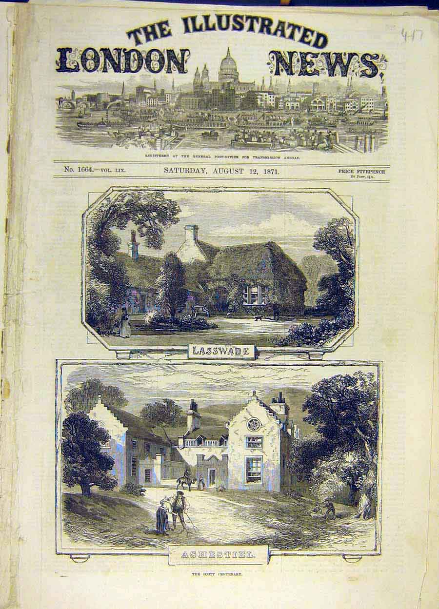Original Old Antique Print 1871 Lasswade Ashtiel Scott Centenary Building 19th