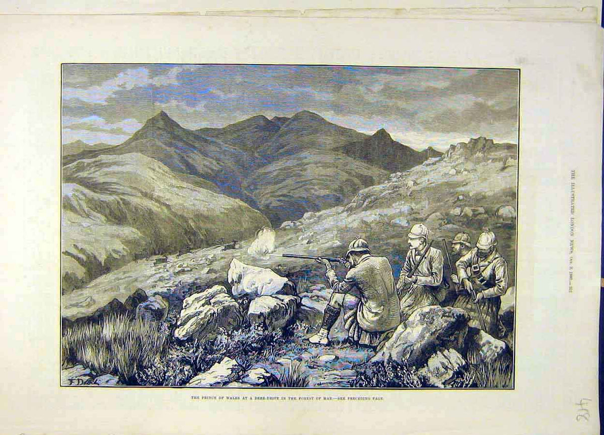 Original Old Antique Print 1880 Deer-Drive Hunt Forest Mar Hunting Prince Wales