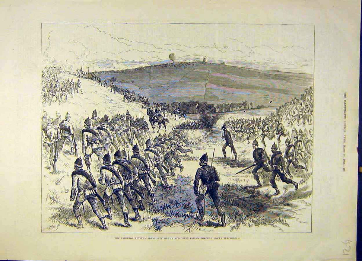 Original Old Antique Print 1883 Brighton Review Bevingdean Forces Attack Troops