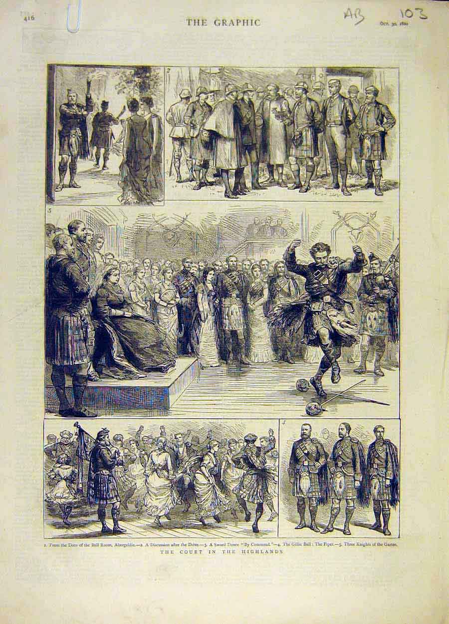 Old Antique Print 1880 Court Highlands Piper Abergeldie Castle Scotland 19th
