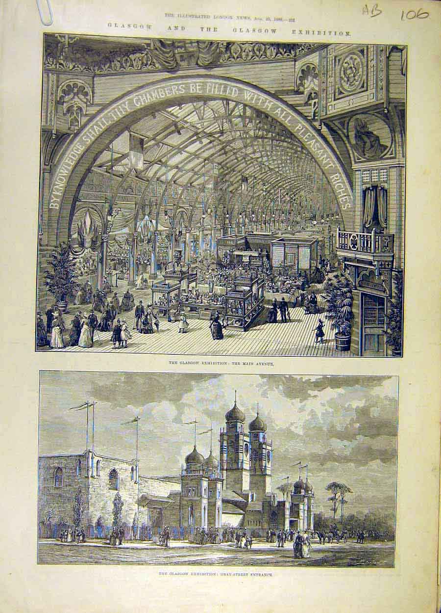 Old Antique Print 1888 Glasgow Exhibition Clyde Bothwell Castle Scotland 19th