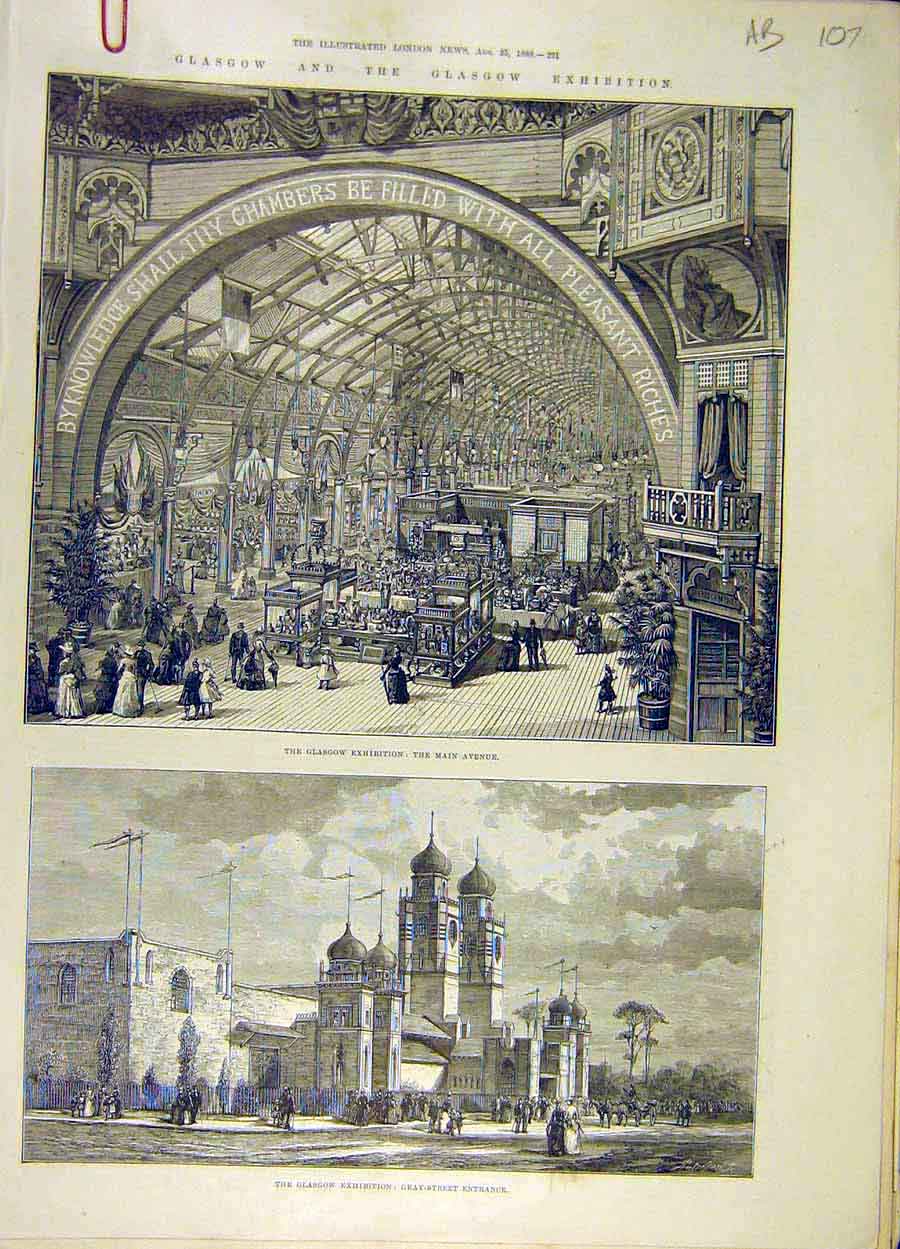 Original Old Antique Print 1888 Glasgow Exhibition Building Scotland Clyde 19th