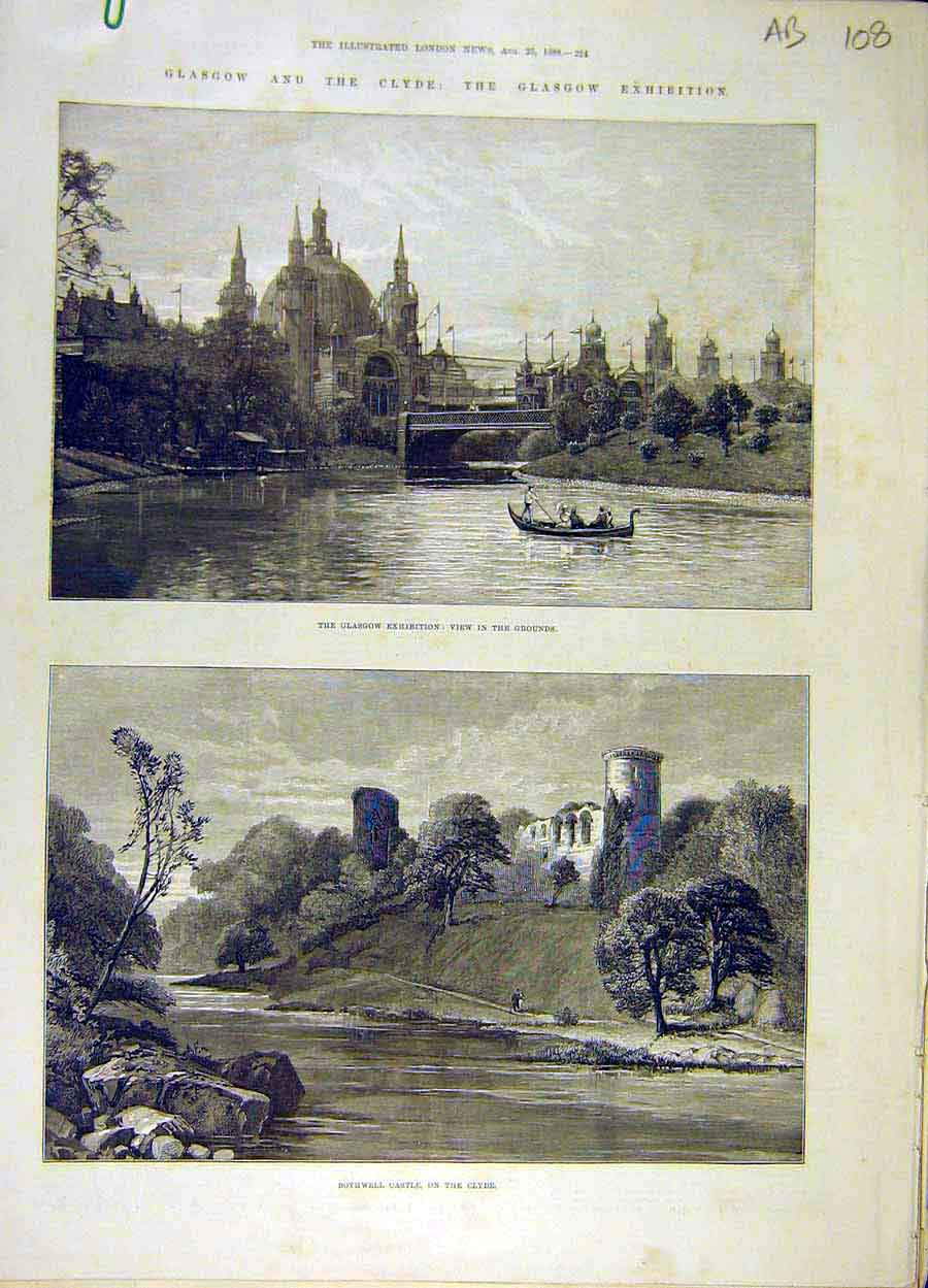 Original Old Antique Print 1888 Glasgow Clyde Bothwell Castle Carpet-Weaving