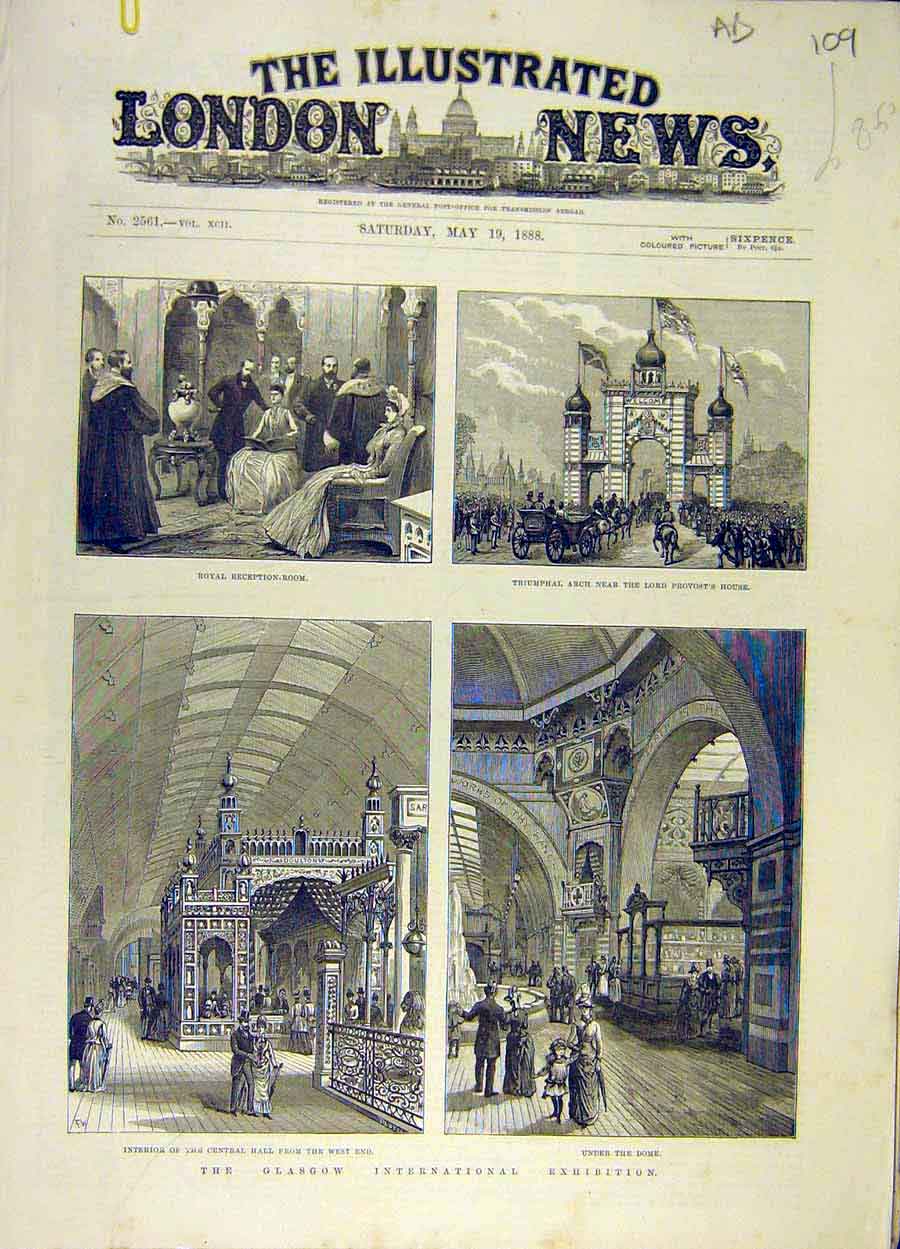 Original Old Antique Print 1888 Glasgow Exhibition Building Hall Pencil-Making