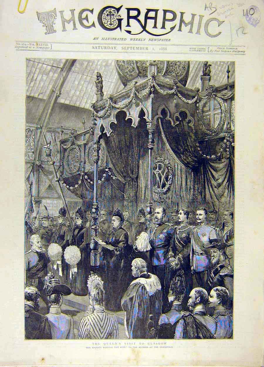 Original Old Antique Print 1888 Queen Visit Glasgow Paisley Enoch Station 19th